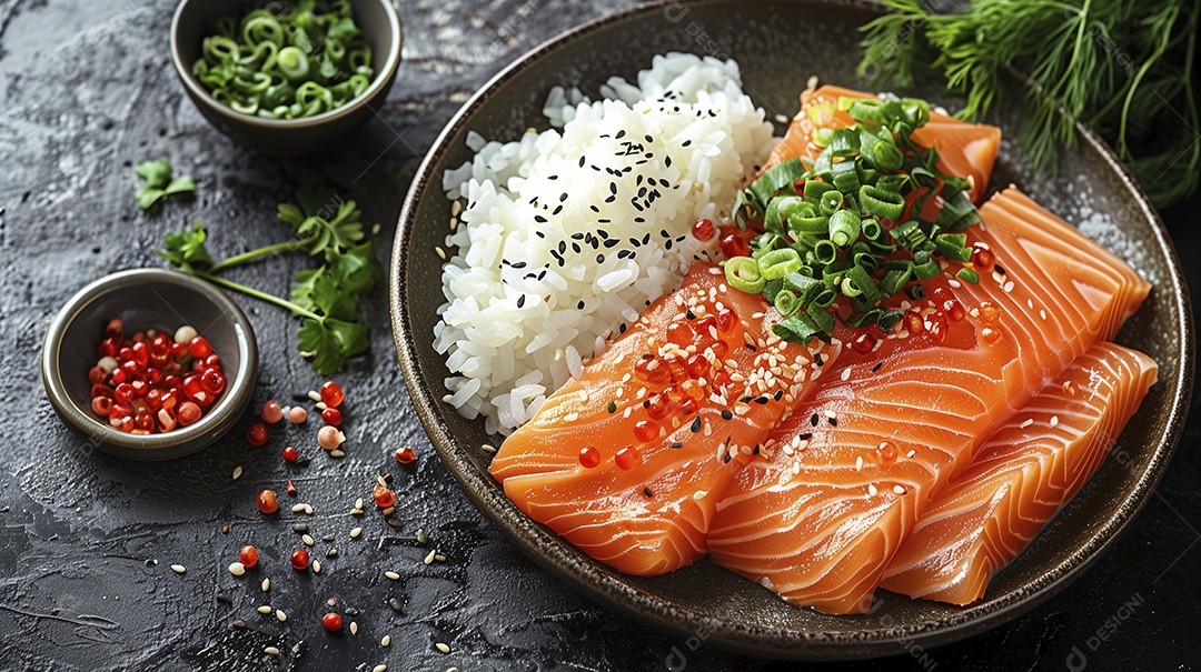 Prato com salmão e arroz comida tradicional japonesa