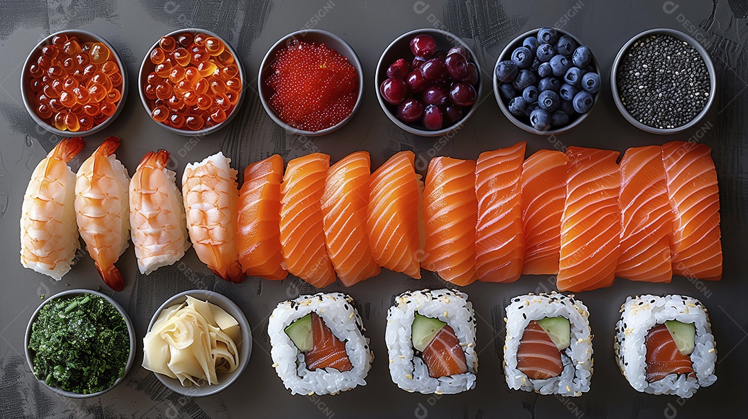 Comida japonesa variada sobre fundo preto