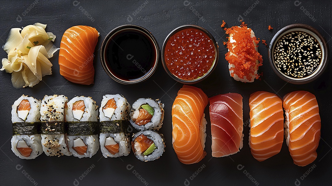 Comida japonesa variada sobre fundo preto