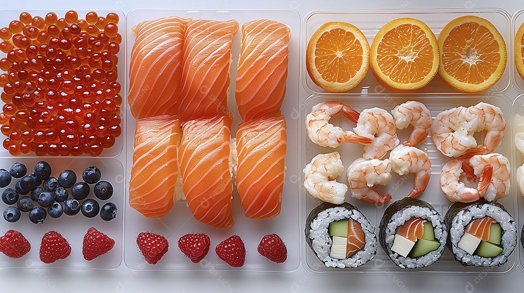 Comida japonesa com frutas e camarões sushi