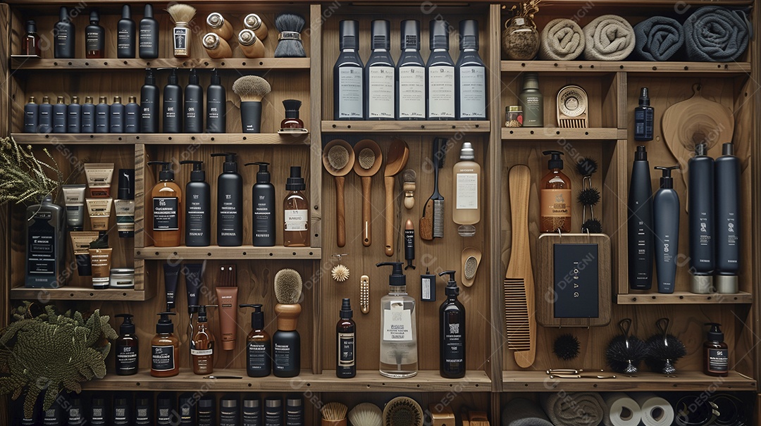 Prateleira com muitos produtos de um salão de barbearia