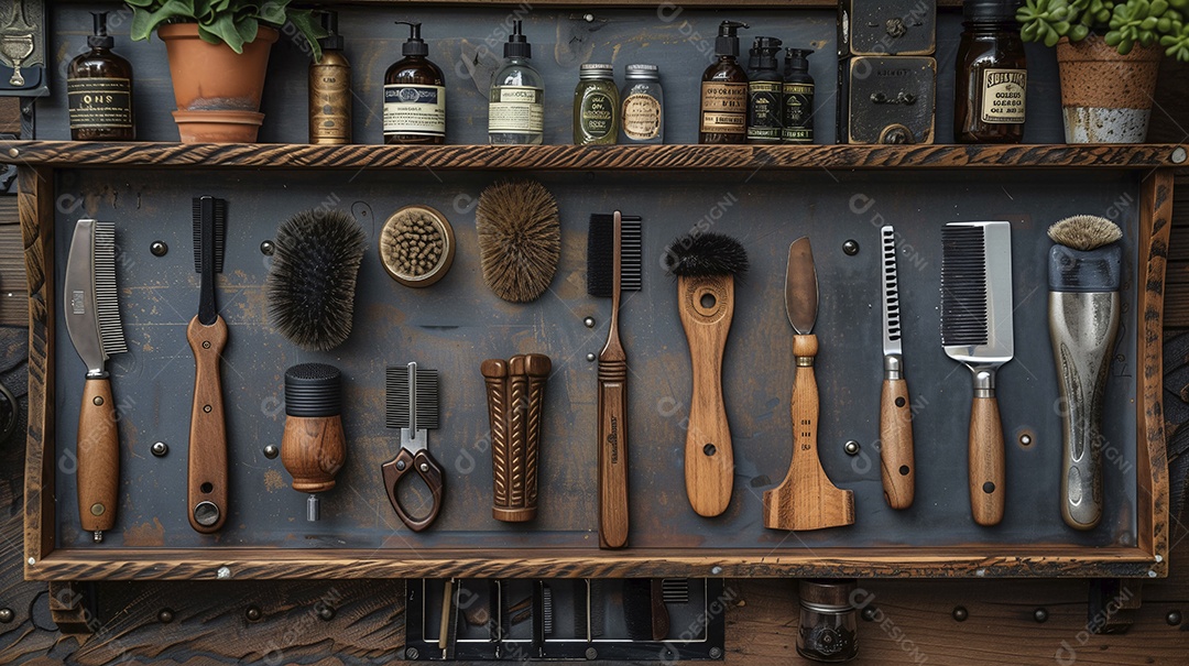 Parede com utensílios antigos de barbearia organizado