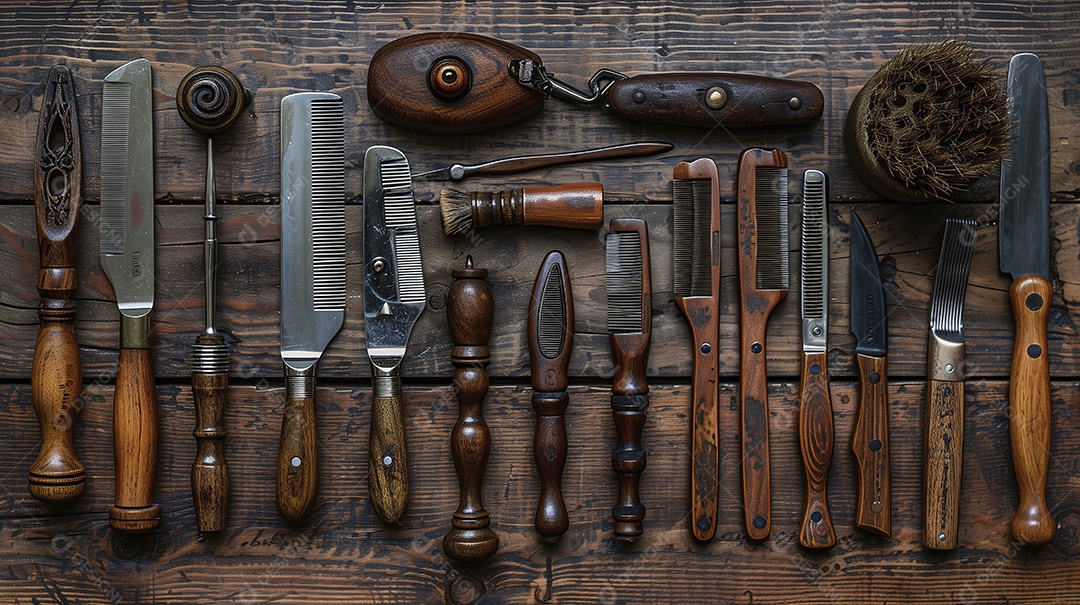 Mesa com diversos escovas pentes instrumentos para barbearia