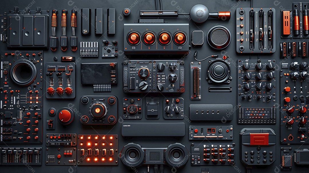 Mesa de produção audiovisual com aparência moderna