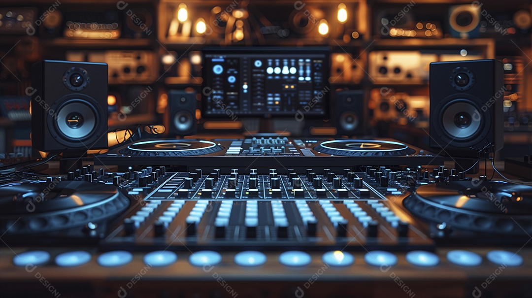 Mesa de produção audiovisual com aparência moderna e com luzes neon