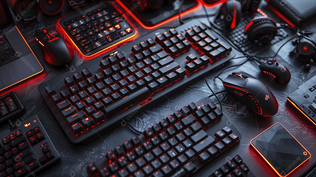 Vários teclados com mouses pretos e vermelhos