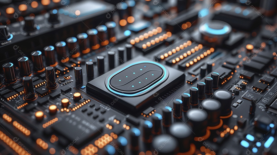 Mesa de produção audiovisual com aparência moderna e com luzes neon