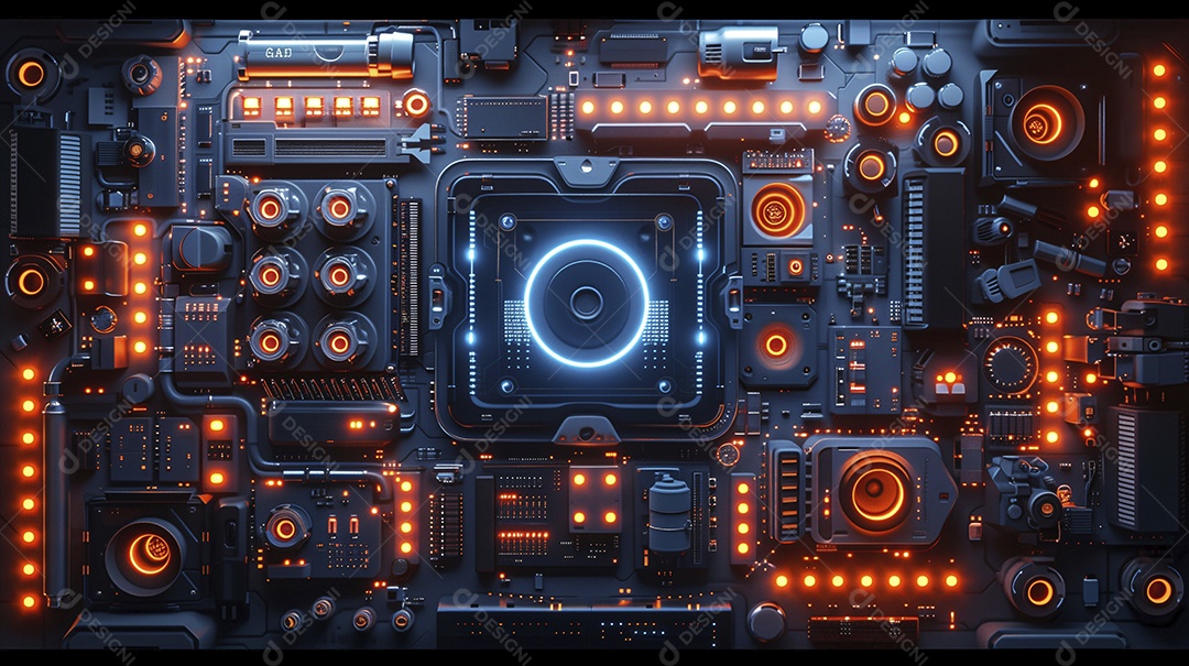 Mesa de produção audiovisual com aparência moderna e com luzes neon