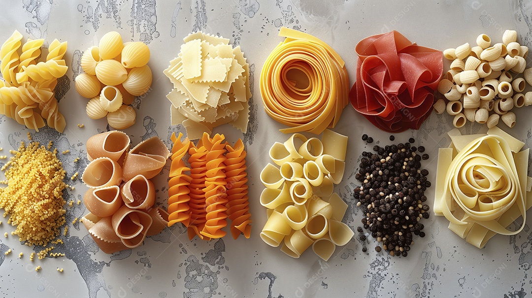 Massas de diferentes formas e tamanho com temperos e guarnições para macarrão