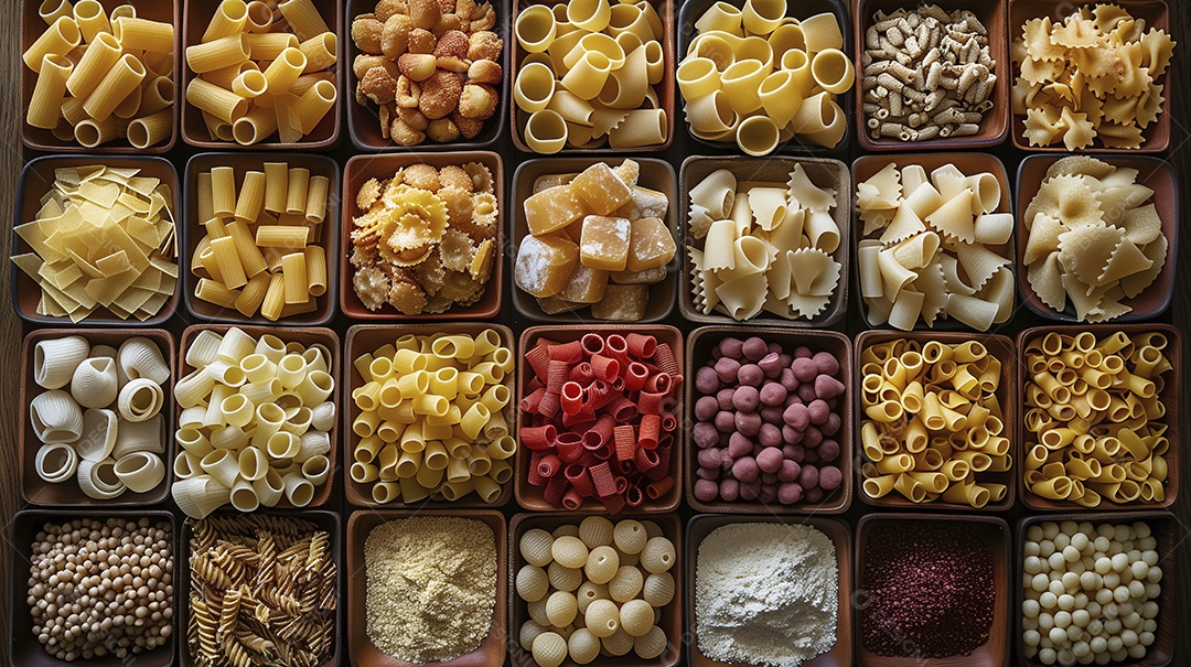 Massas de diferentes formas e tamanho com temperos e guarnições para macarrão