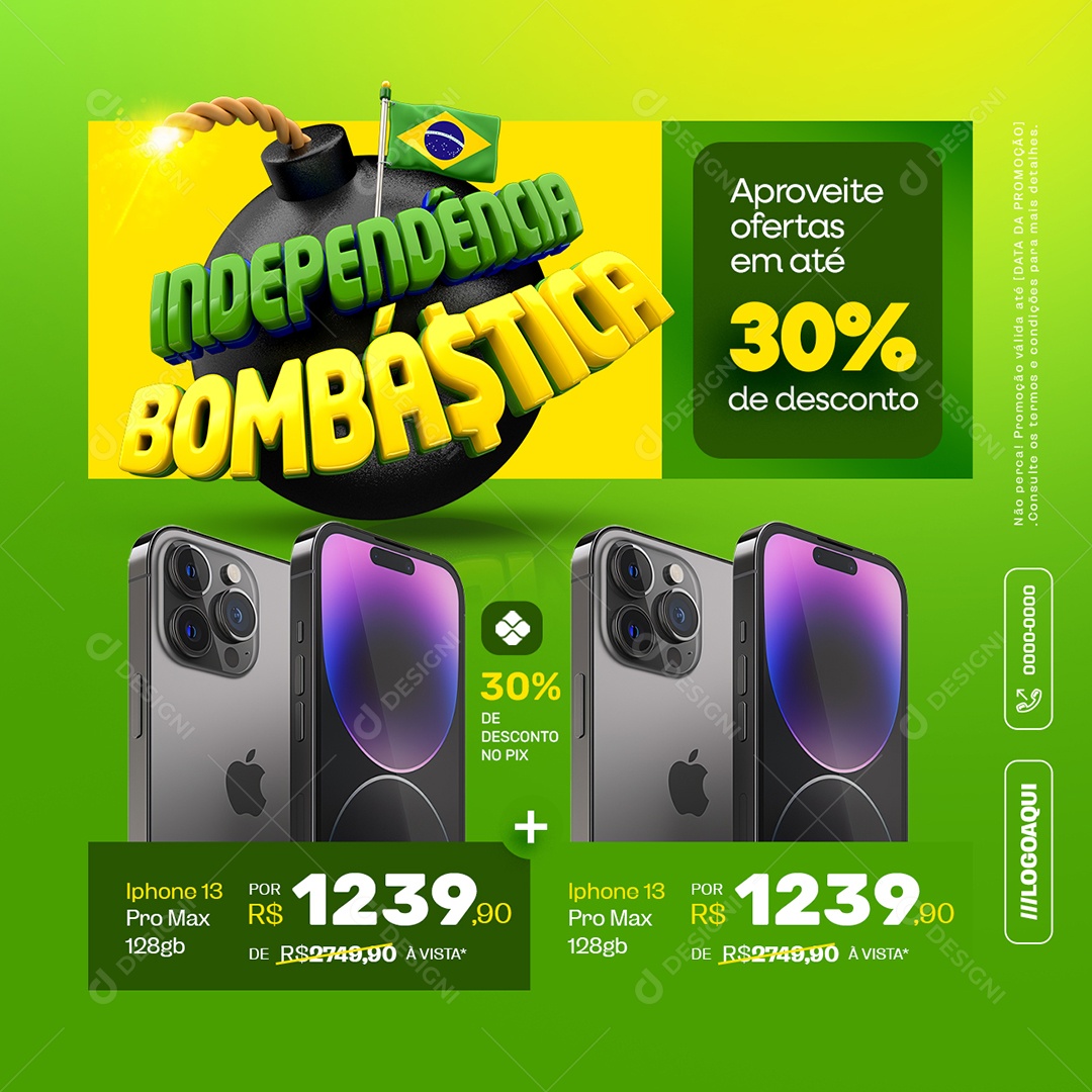 Independência Bombástica Loja de Eletrônicos Iphone 13 Pro Max Social Media PSD Editável