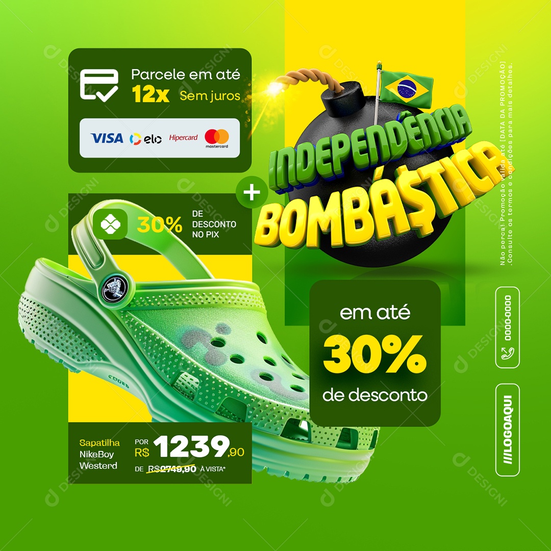 Independência Bombástica Loja de Calçados em Até 30% de Desconto Social Media PSD Editável