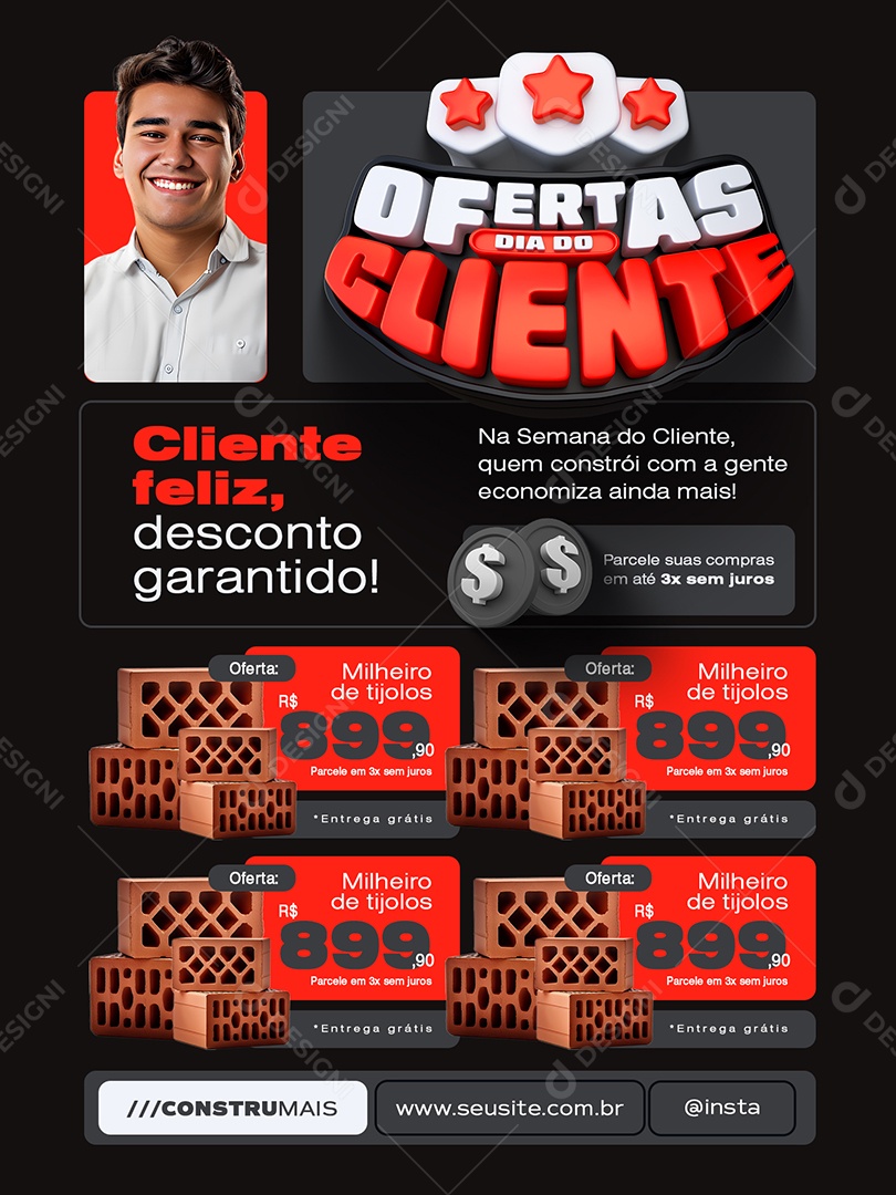 Ofertas Dia do Cliente Construção Encarte Milheiro de Tijolos Social Media PSD Editável