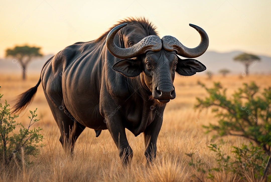 Búfalo africano majestoso na savana