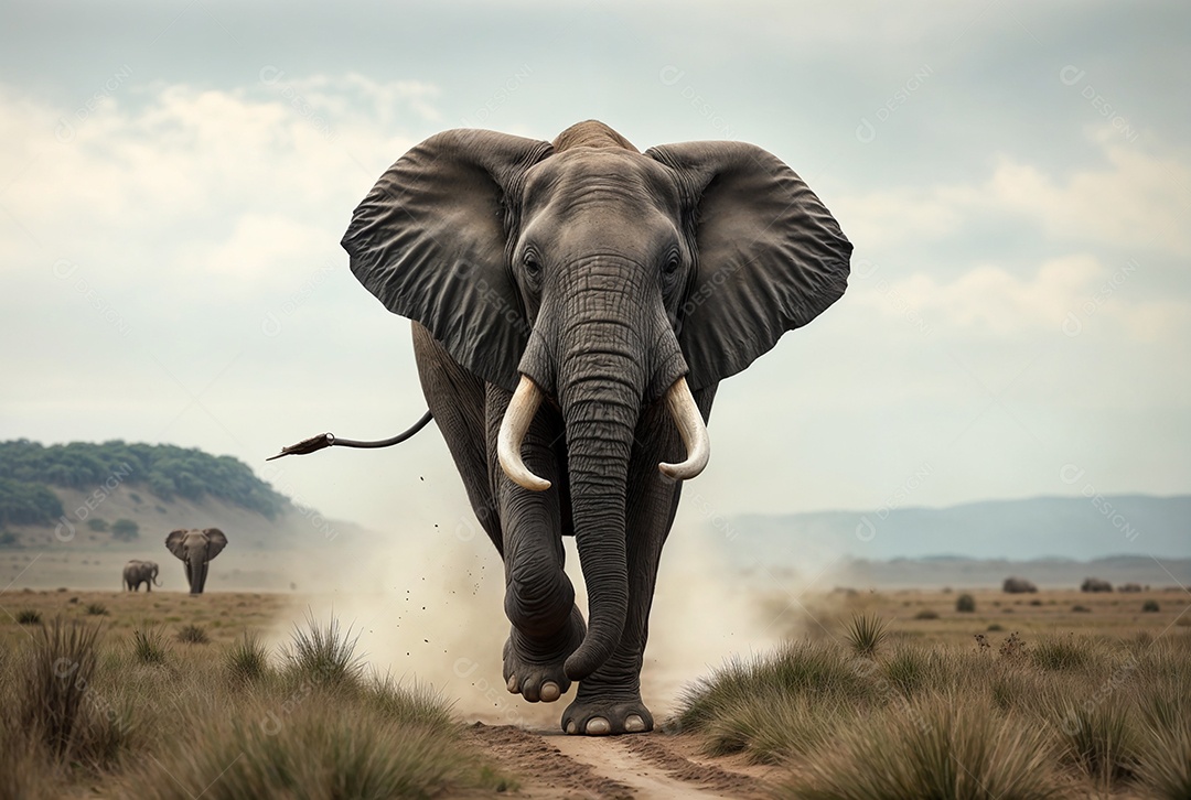 Elefante africano correndo em pastagens de uma savana