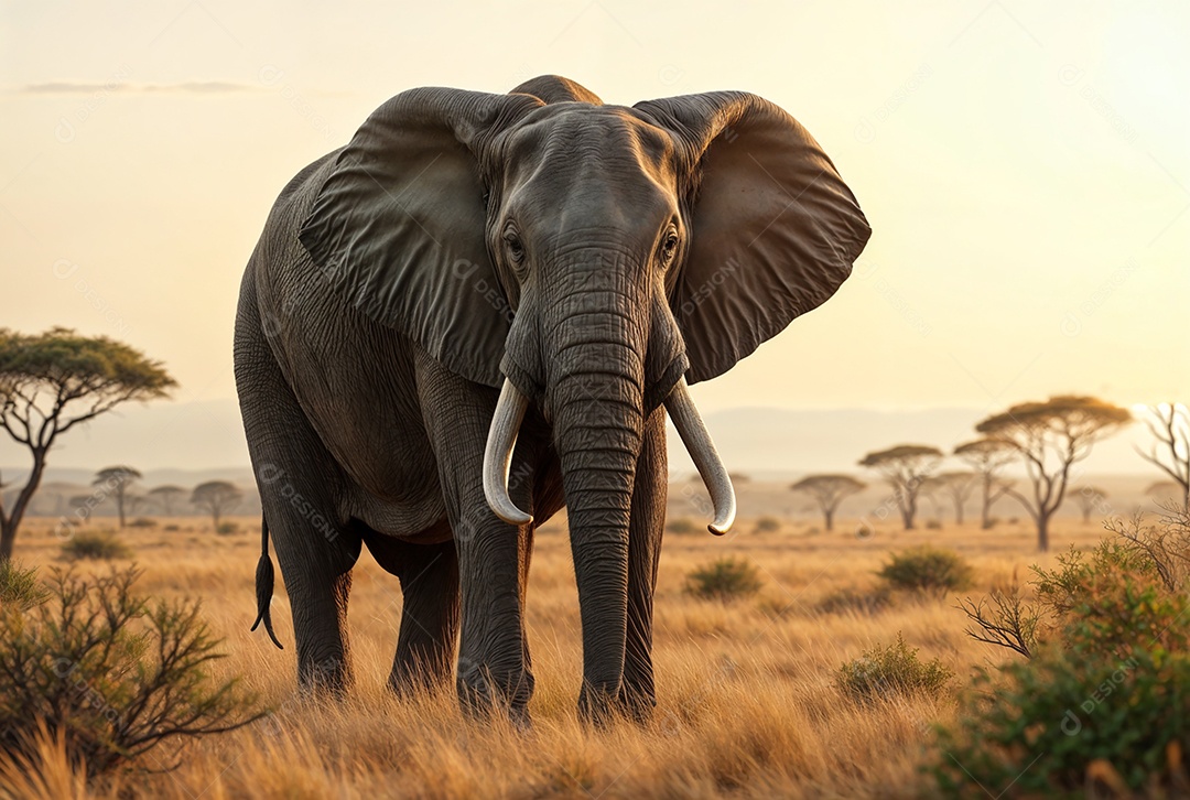 Elefante africano correndo em pastagens de uma savana