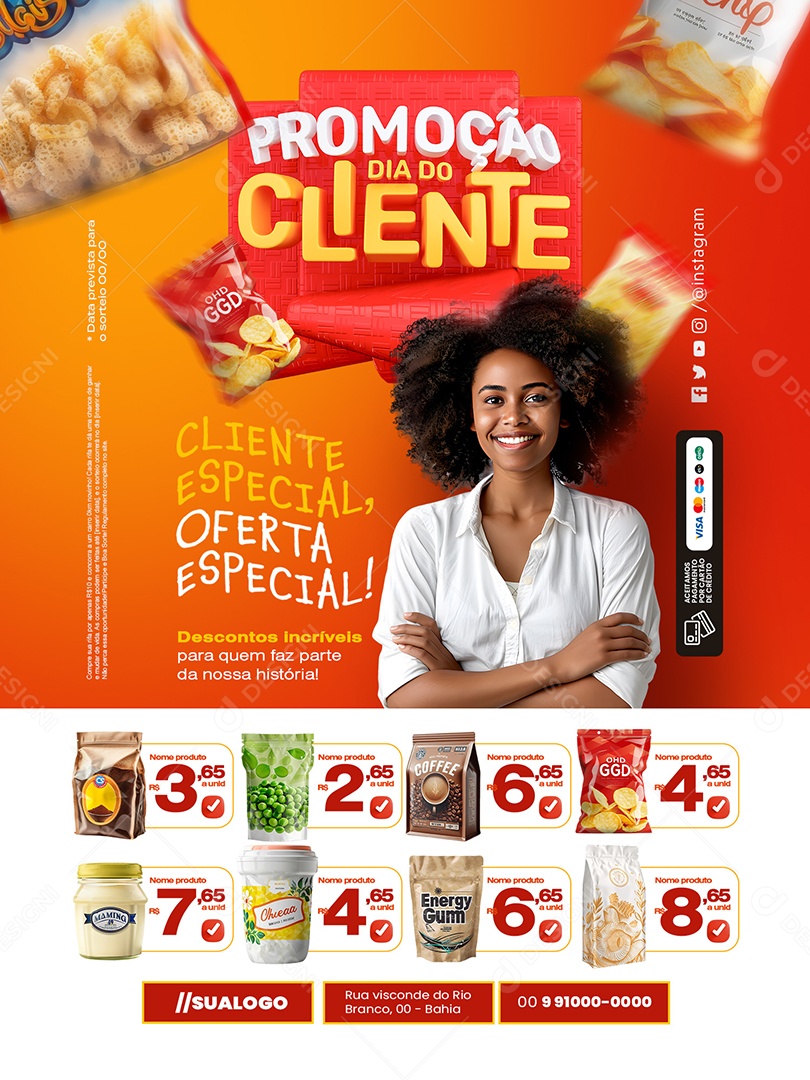Promoção Dia do Cliente Supermercado Encarte Social Media PSD Editável