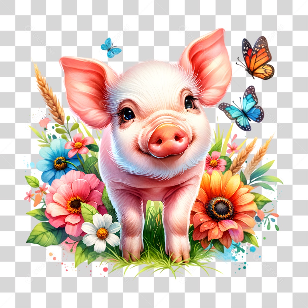 Bebê Fazenda Porquinho Plantas Flores PNG Transparente