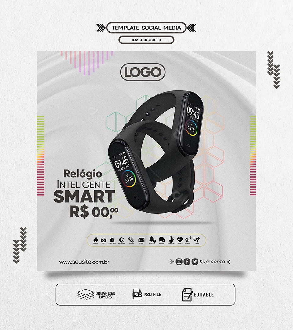 Relógio Inteligente Smart Social Media PSD Editável