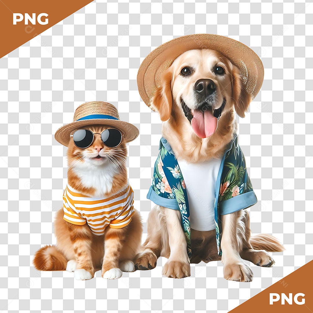 Cachorro e Gato Sentados Elemento 3D para Composição PSD