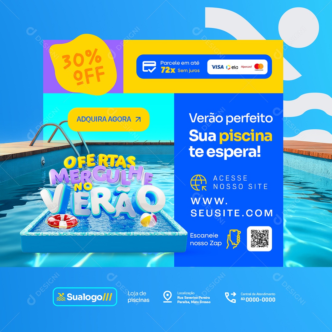 Ofertas Mergulhe no Verão Loja de Piscinas 30% Off Social Media PSD Editável