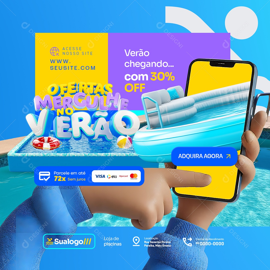 Ofertas Mergulhe no Verão Loja de Piscinas Adquira Agora Social Media PSD Editável