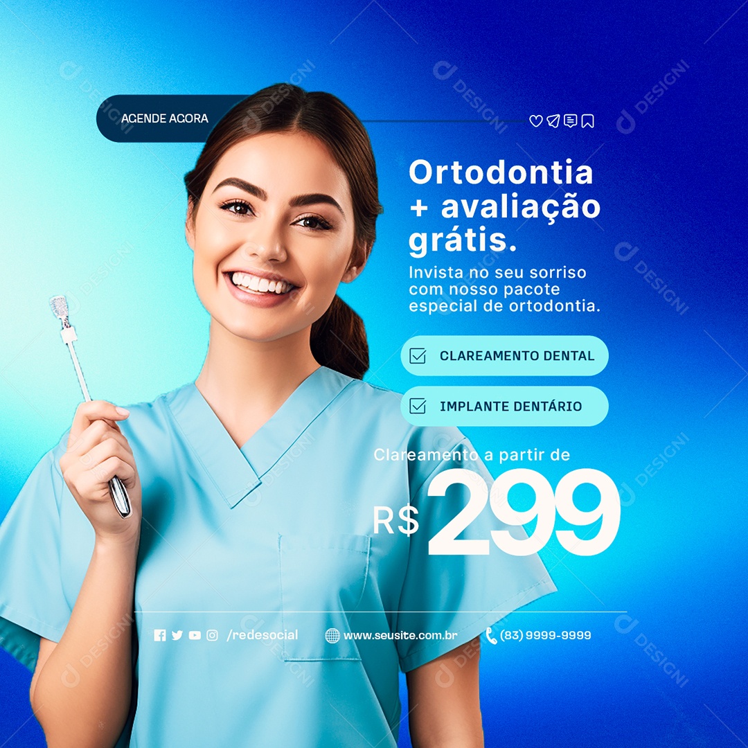Dentista Ortodontia Mais Avaliação Grátis Social Media PSD Editável