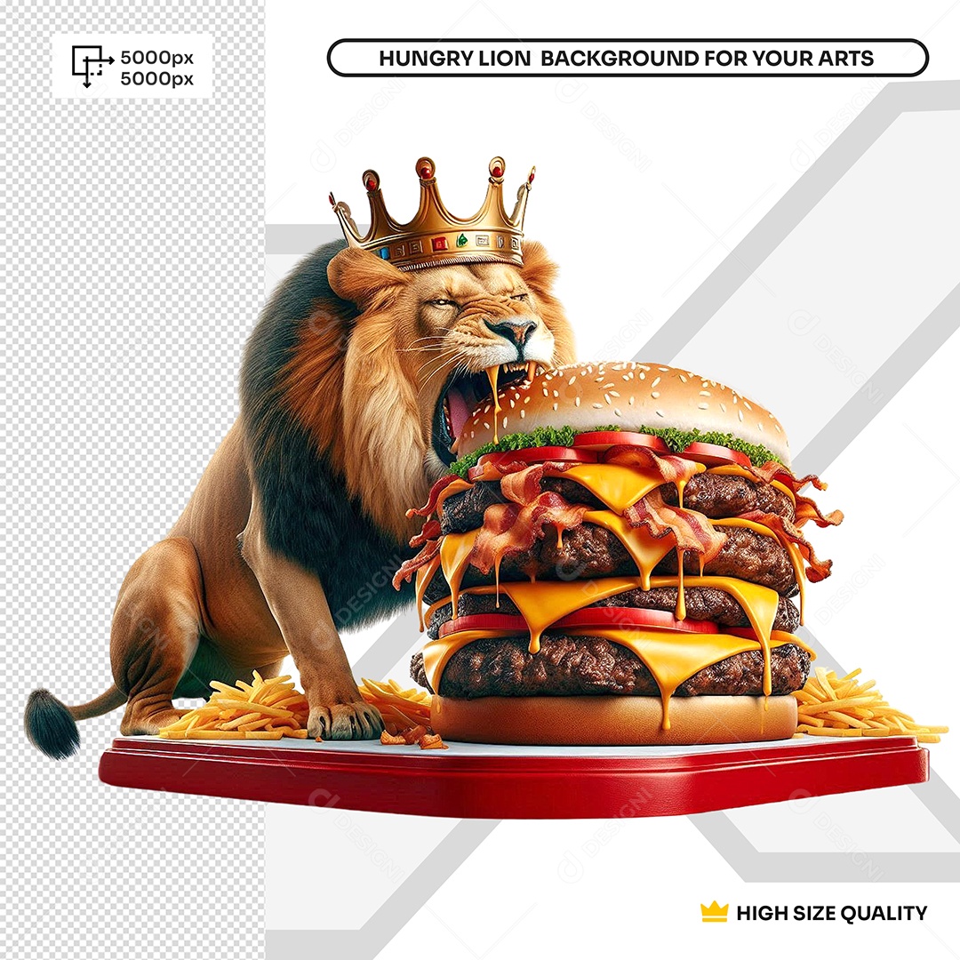 Elemento 3D Leão Degustando Um Hambúrguer para Composição PSD