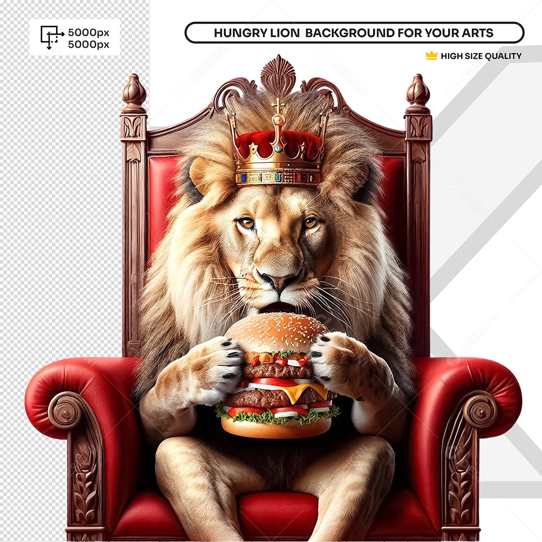 Elemento 3D Leão Degustando Um Hambúrguer para Composição PSD