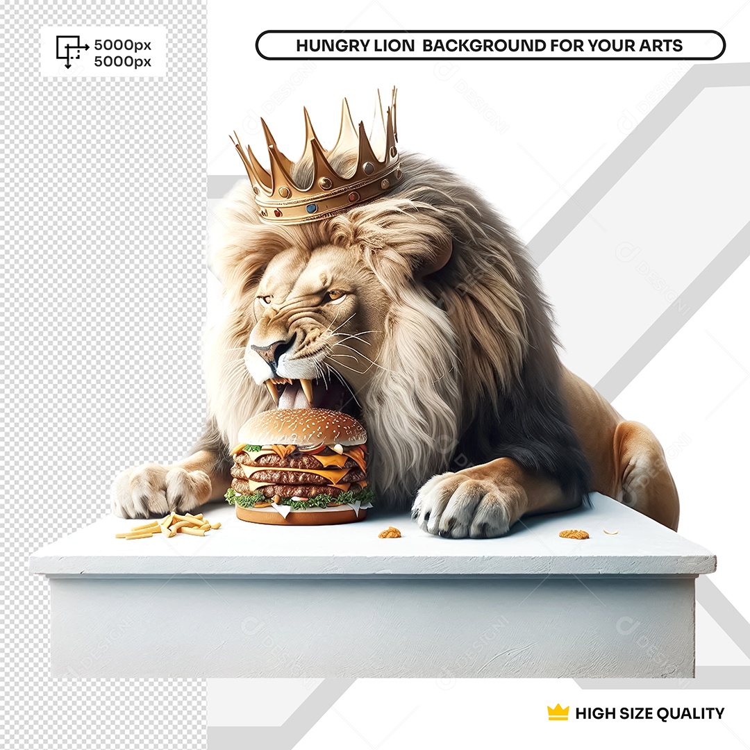 Elemento 3D Leão Degustando Um Hambúrguer para Composição PSD
