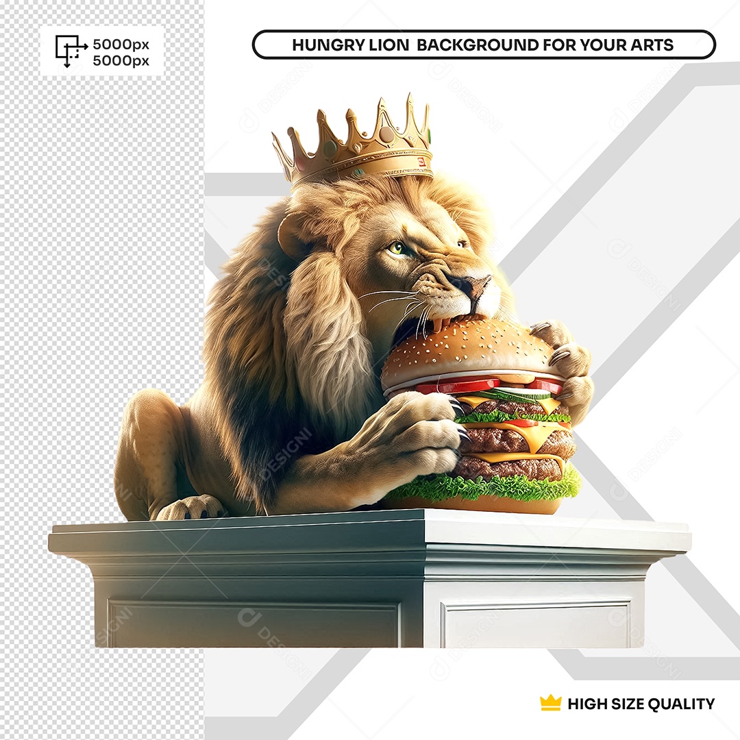 Elemento 3D Leão Degustando Um Hambúrguer para Composição PSD