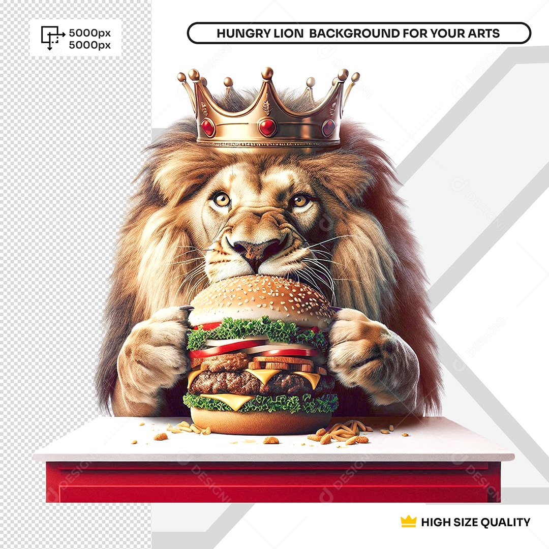 Elemento 3D Leão Degustando Um Hambúrguer para Composição PSD