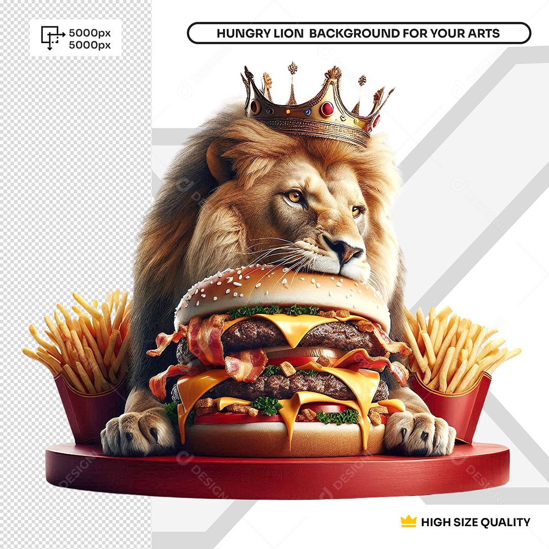 Elemento 3D Leão Degustando Um Hambúrguer para Composição PSD