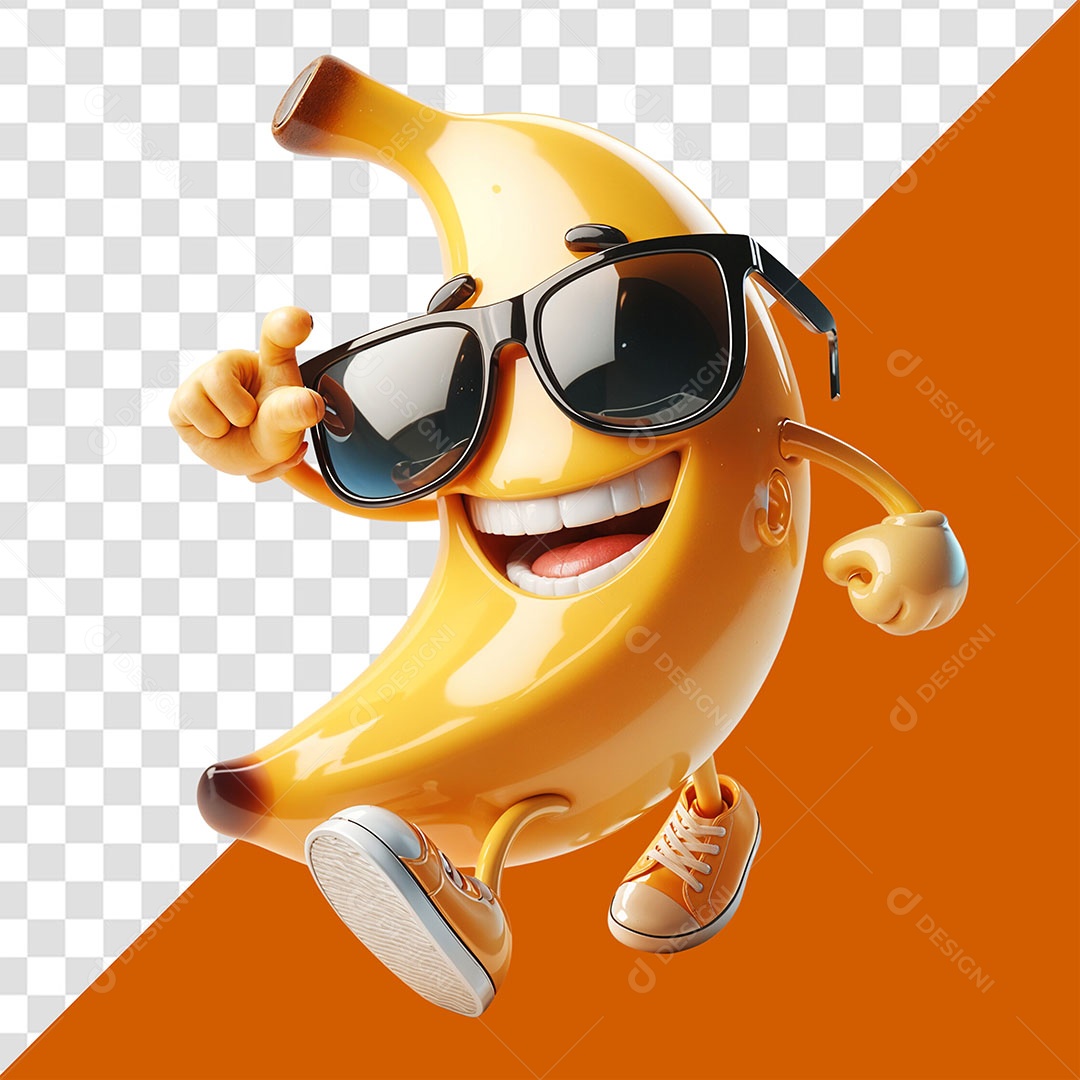 Banana Amarela Feliz Elemento 3D para Composição PSD