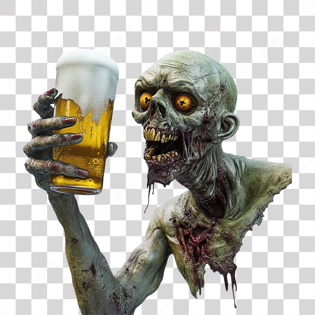 Elemento 3D Zumbi com Copo de Cerveja Halloween PNG Transparente