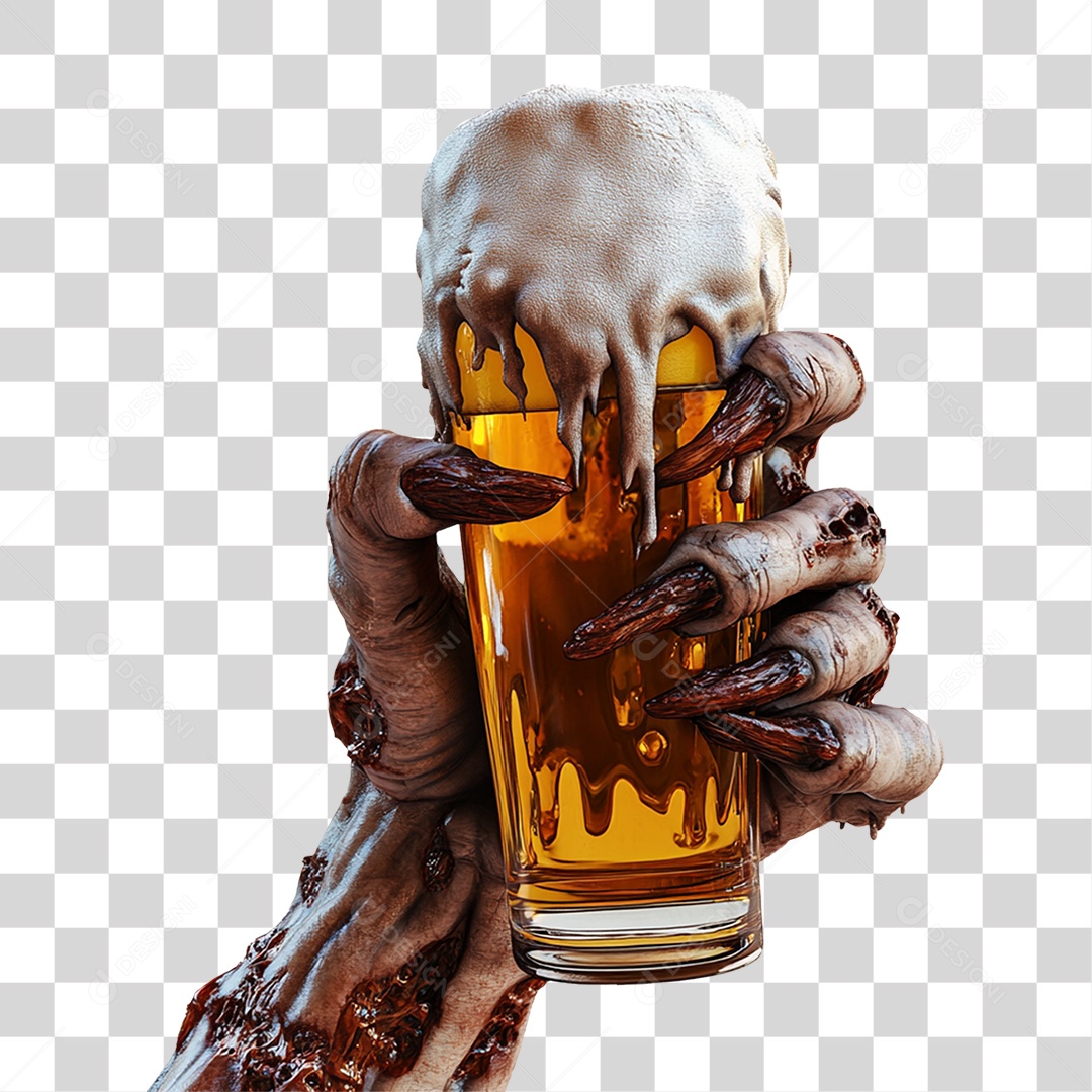 Elemento 3D Mão de Zumbi com Copo de Cerveja Halloween PNG Transparente