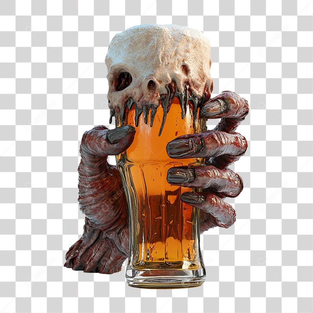 Elemento 3D Mão de Zumbi com Copo de Cerveja Halloween PNG Transparente