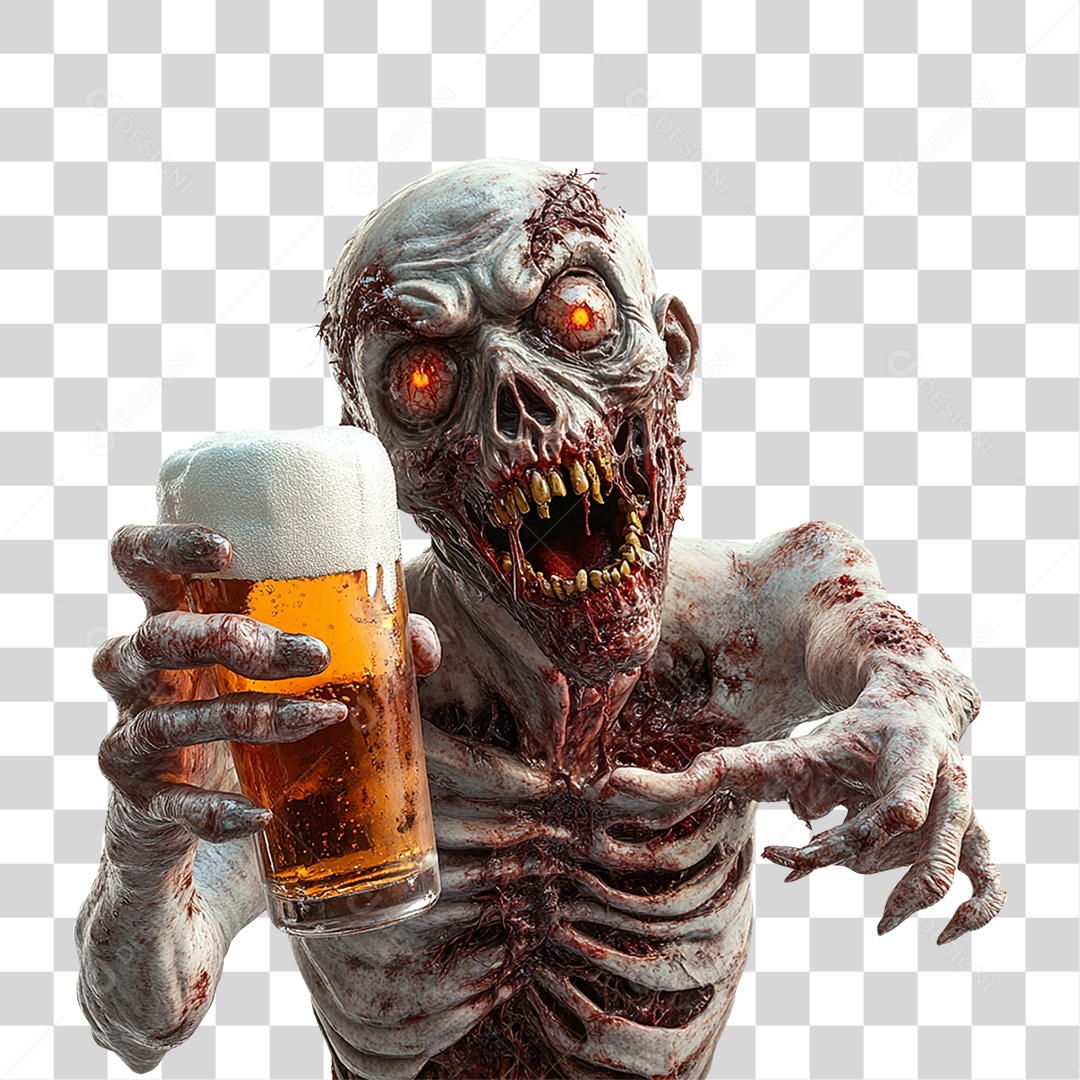 Elemento 3D Zumbi com Copo de Cerveja Halloween PNG Transparente