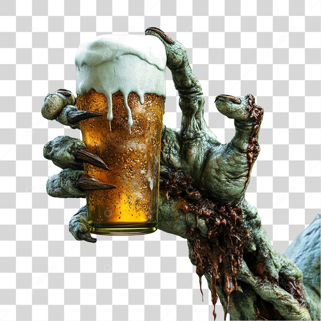 Elemento 3D Mão de Zumbi com Copo de Cerveja Halloween PNG Transparente