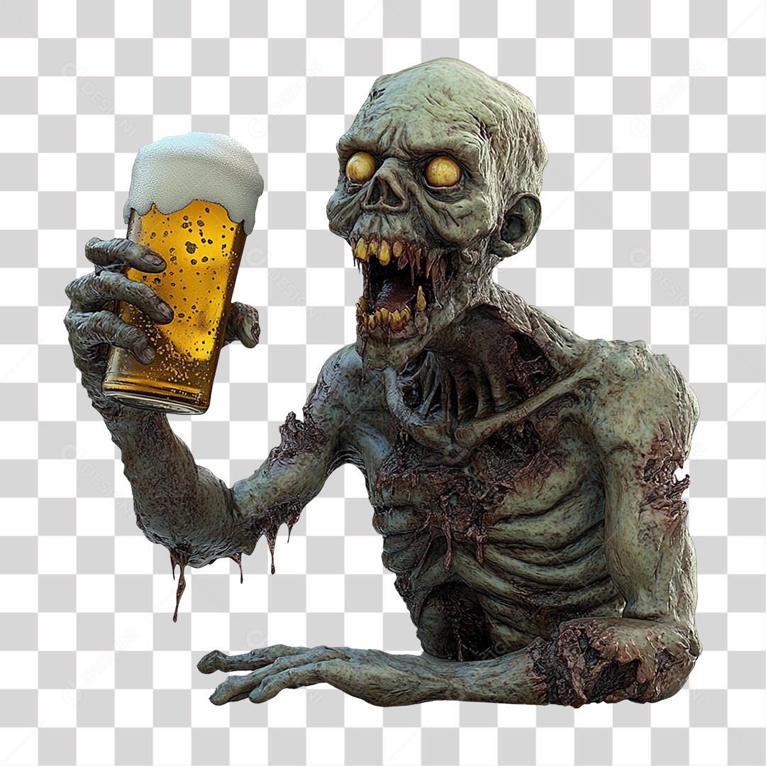 Elemento 3D Zumbi com Copo de Cerveja Halloween PNG Transparente
