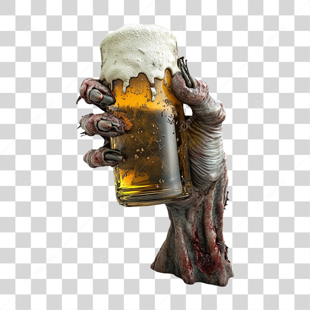 Elemento 3D Mão de Zumbi com Copo de Cerveja Halloween PNG Transparente