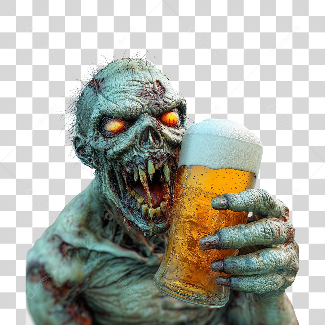 Elemento 3D Zumbi com Copo de Cerveja Halloween PNG Transparente
