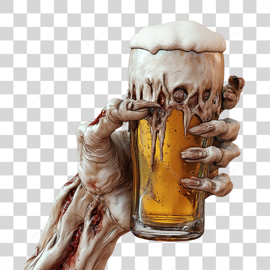 Elemento 3D Mão de Zumbi com Copo de Cerveja Halloween PNG Transparente