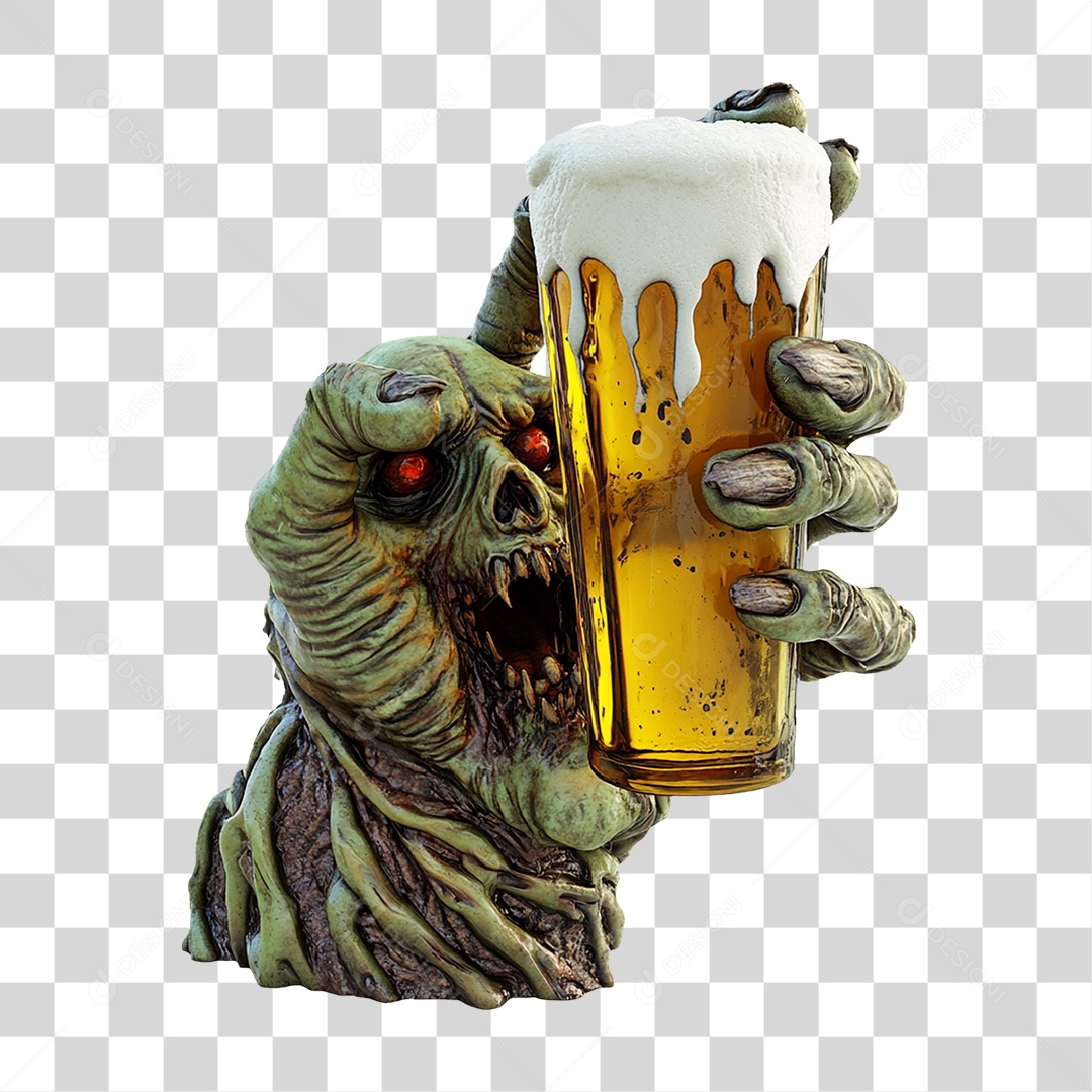Elemento 3D Mão de Zumbi com Copo de Cerveja Halloween PNG Transparente