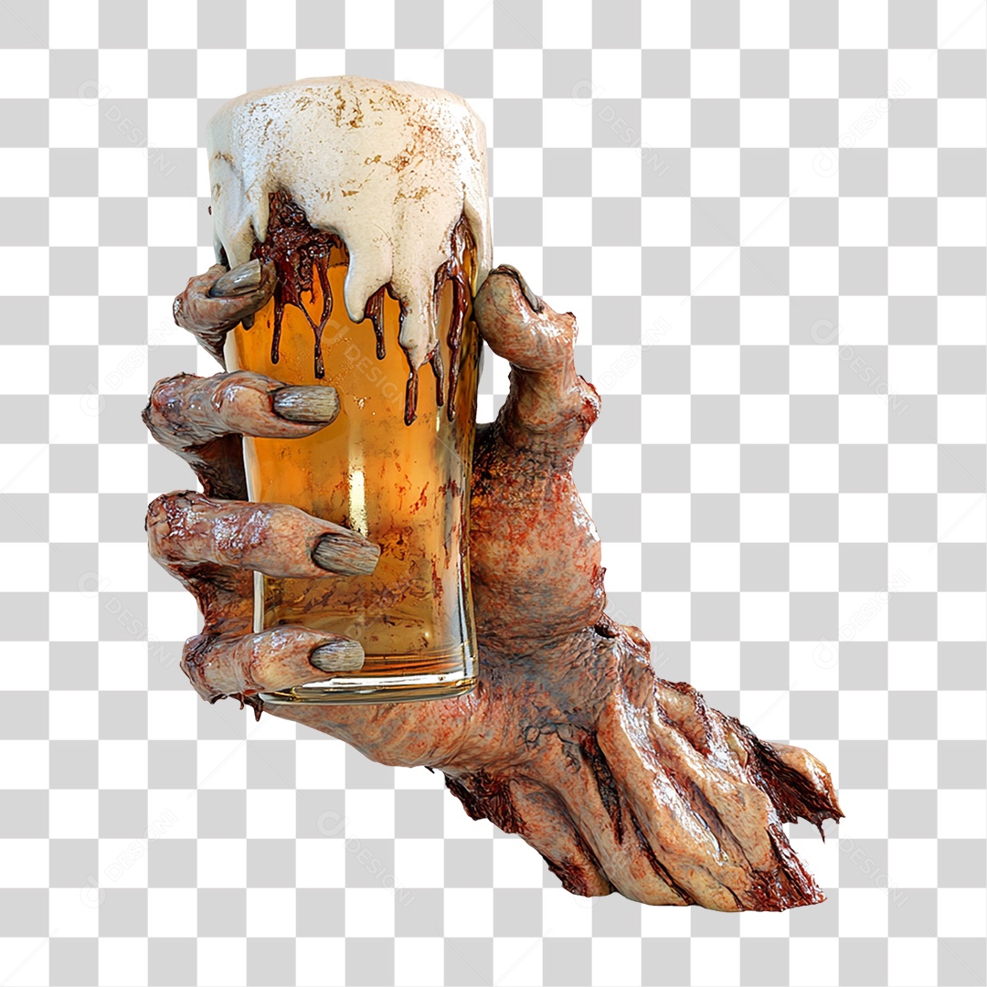 Elemento 3D Mão de Zumbi com Copo de Cerveja Halloween PNG Transparente