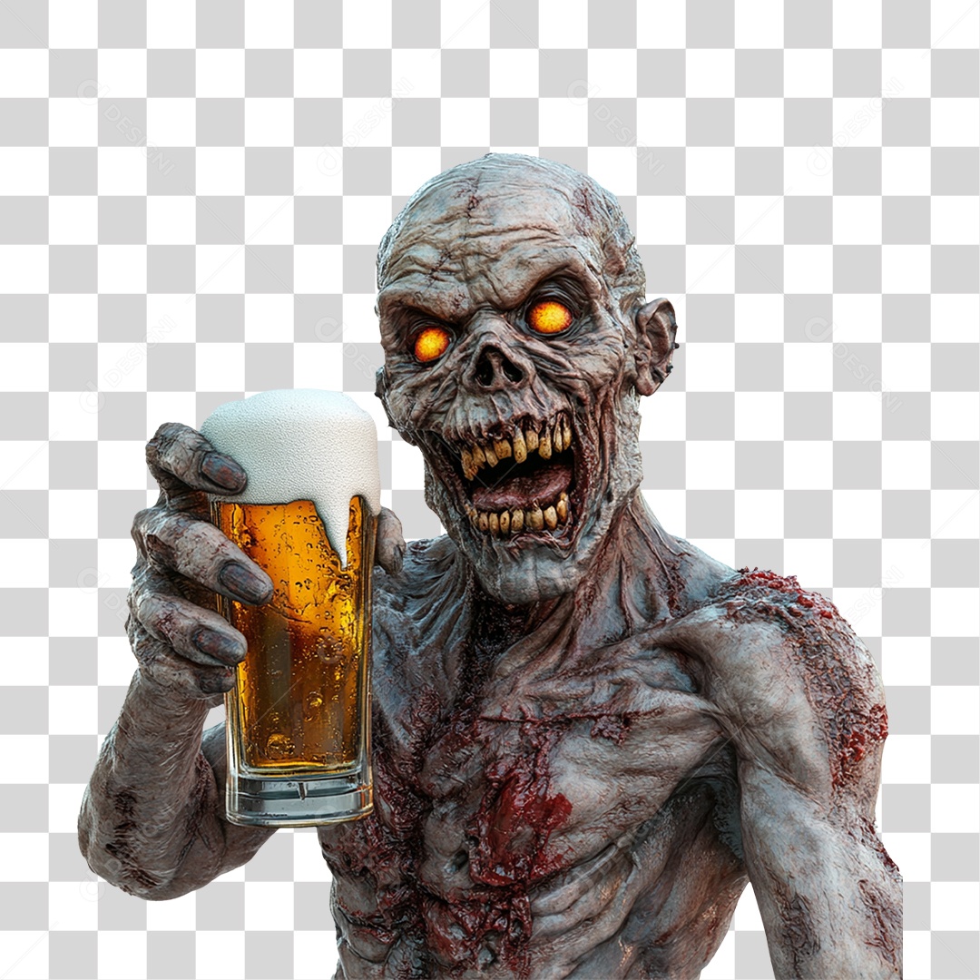 Elemento 3D Zumbi com Copo de Cerveja Halloween PNG Transparente