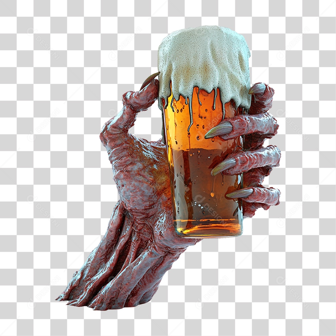 Elemento 3D Mão de Zumbi com Copo de Cerveja Halloween PNG Transparente