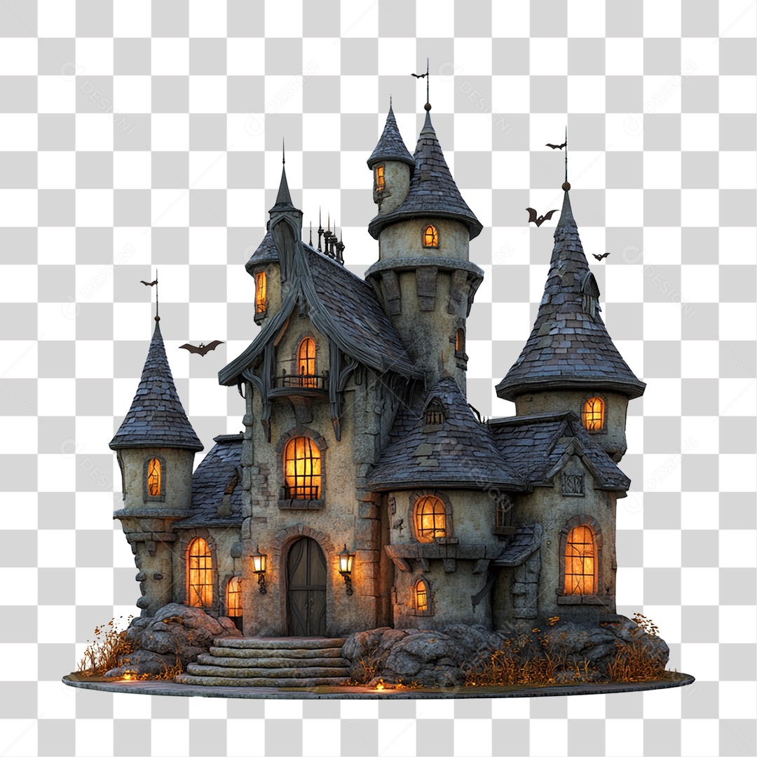 Elemento 3D Castelo Assombrado Halloween PNG Transparente