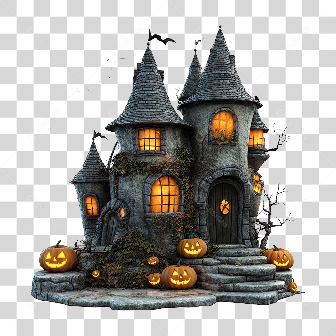 Elemento 3D Castelo Assombrado Halloween PNG Transparente