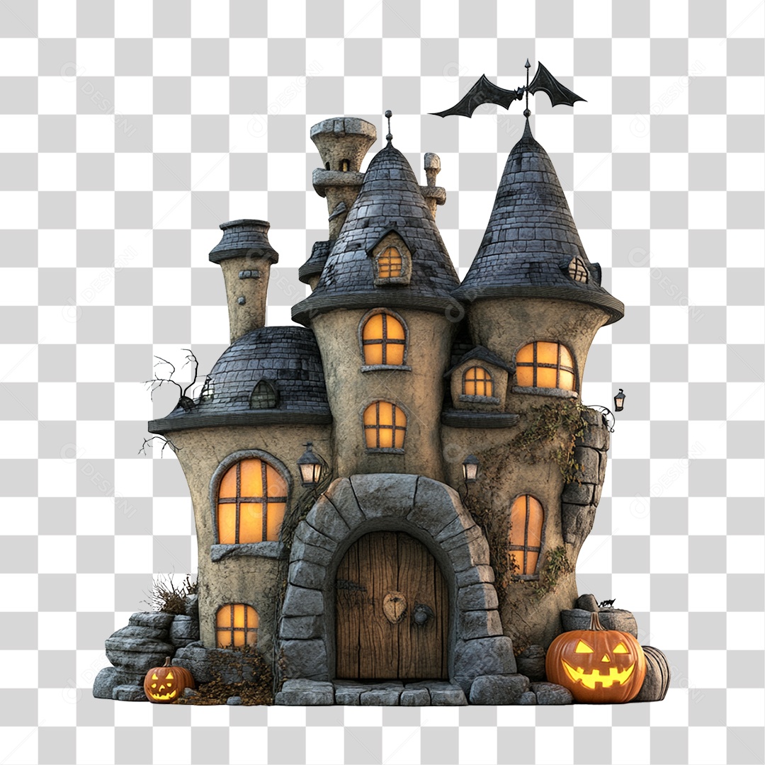 Elemento 3D Castelo Assombrado Halloween PNG Transparente